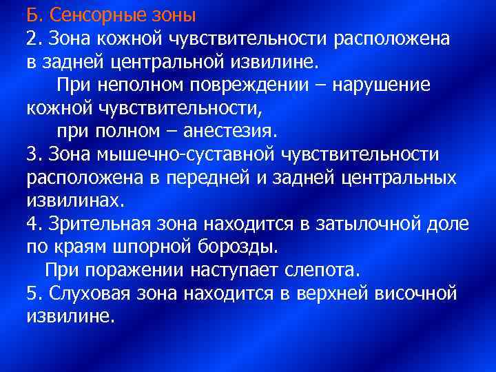 Б. Сенсорные зоны 2. Зона кожной чувствительности расположена  в задней центральной извилине. 