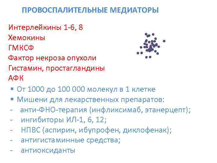   ПРОВОСПАЛИТЕЛЬНЫЕ МЕДИАТОРЫ Интерлейкины 1 -6, 8 Хемокины ГМКСФ Фактор некроза опухоли Гистамин,