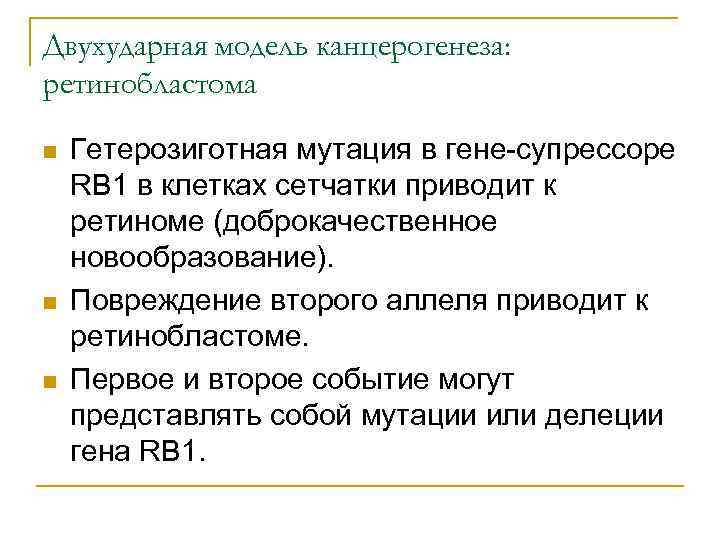 Двухударная модель канцерогенеза: ретинобластома n  Гетерозиготная мутация в гене-супрессоре RB 1 в клетках
