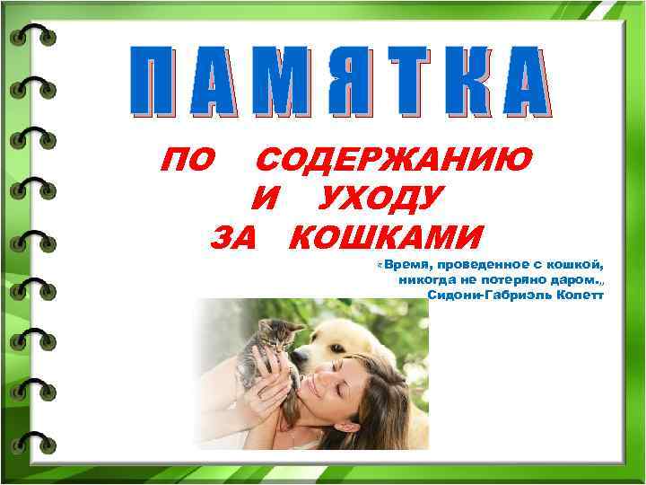 ПАМЯТКА ПО СОДЕРЖАНИЮ И УХОДУ ЗА КОШКАМИ «Время, проведенное с кошкой, ПАМЯТКА ПО СОДЕРЖАНИЮ И УХОДУ ЗА КОШКАМИ «Время, проведенное с кошкой,