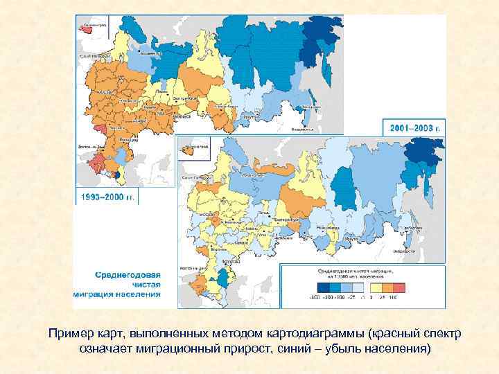Пример карт, выполненных методом картодиаграммы (красный спектр означает миграционный прирост, синий – убыль населения)