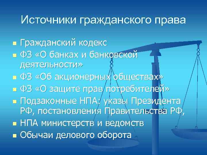  Источники гражданского права n  Гражданский кодекс n  ФЗ «О банках