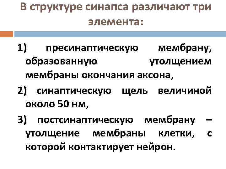 В структуре синапса различают три   элемента:  1)  пресинаптическую мембрану, 