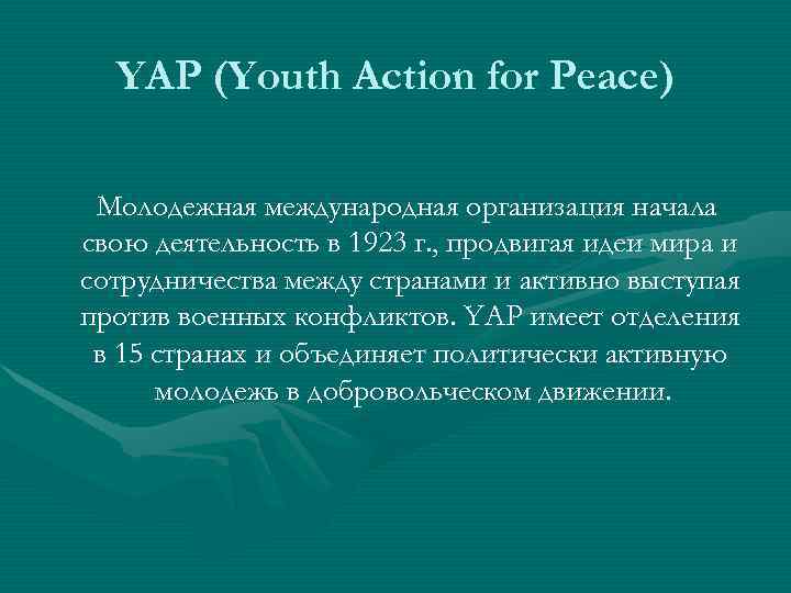  YAP (Youth Action for Peace)  Молодежная международная организация начала свою деятельность в