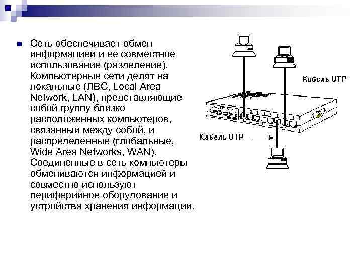  n  Сеть обеспечивает обмен информацией и ее совместное использование (разделение).  Компьютерные
