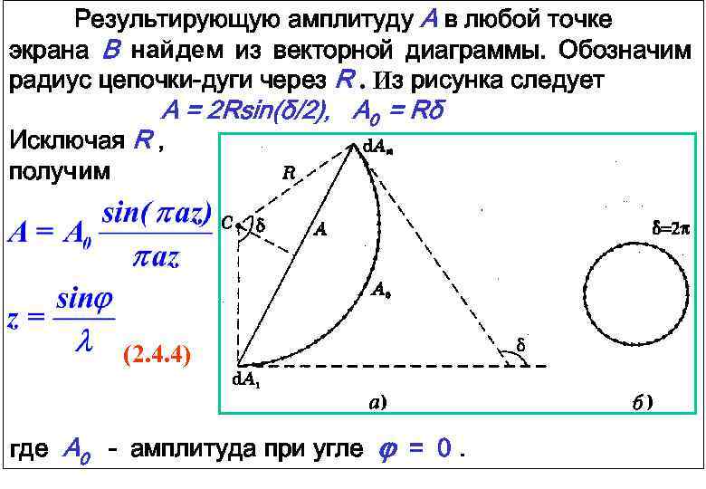   Результирующую амплитуду А в любой точке экрана В найдем из векторной