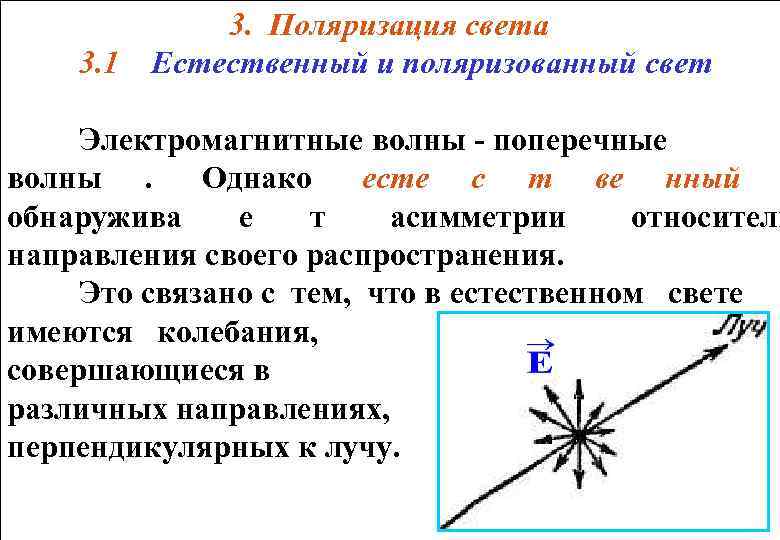    3. Поляризация света 3. 1  Естественный и поляризованный свет 