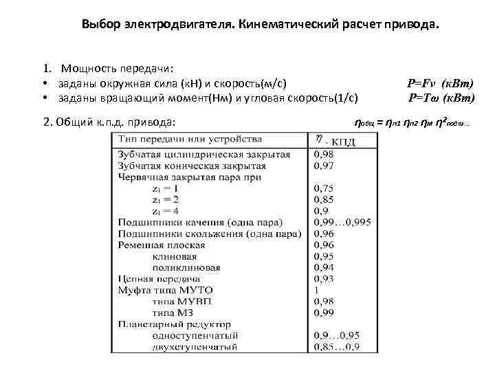  Выбор электродвигателя. Кинематический расчет привода.  1. Мощность передачи:  • заданы окружная