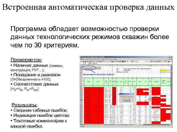 Встроенная автоматическая проверка данных  Программа обладает возможностью проверки данных технологических режимов скважин более