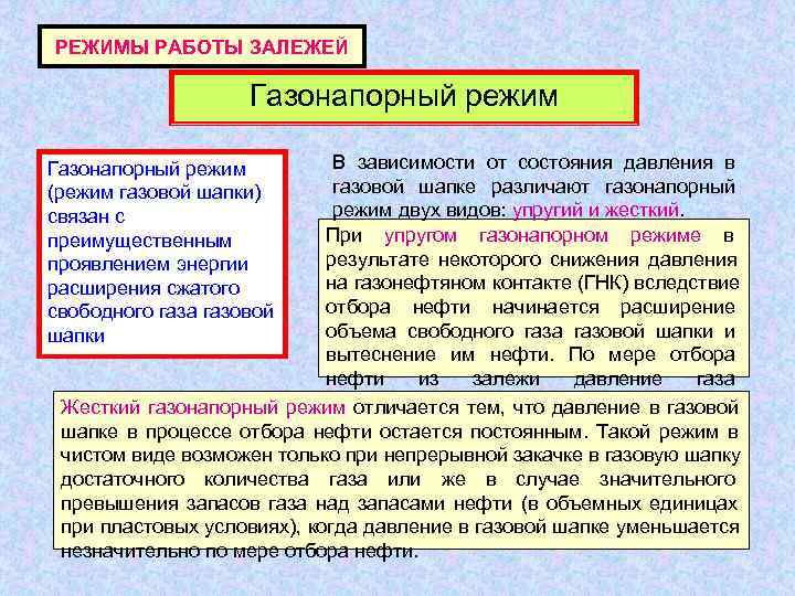 РЕЖИМЫ РАБОТЫ ЗАЛЕЖЕЙ    Газонапорный режим   В зависимости от состояния