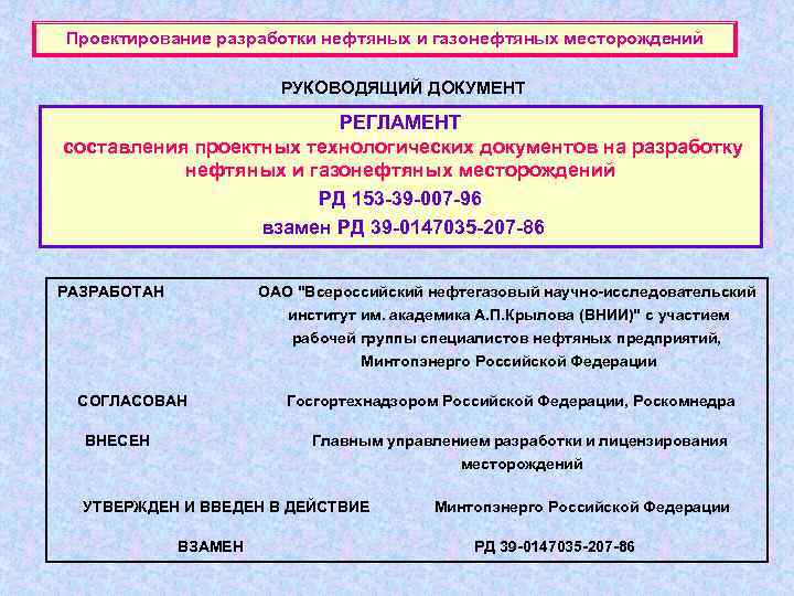 Проектирование разработки нефтяных и газонефтяных месторождений     РУКОВОДЯЩИЙ ДОКУМЕНТ  