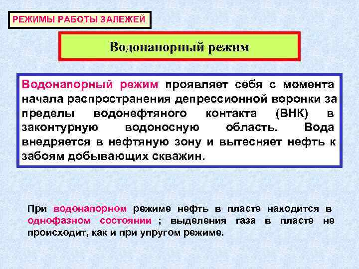 РЕЖИМЫ РАБОТЫ ЗАЛЕЖЕЙ   Водонапорный режим проявляет себя с момента начала распространения депрессионной