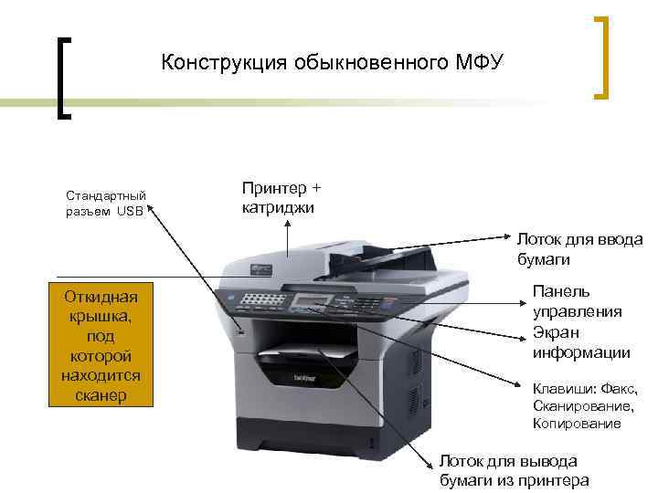     Конструкция обыкновенного МФУ Стандартный    Принтер + разъем