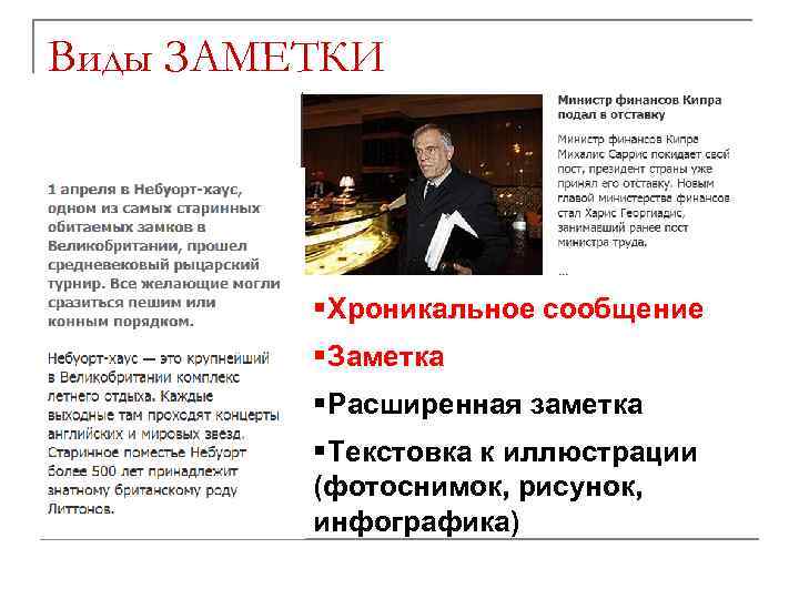Виды ЗАМЕТКИ   § Хроникальное сообщение   § Заметка   §
