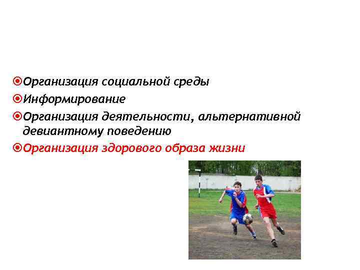  Организация социальной среды Информирование Организация деятельности, альтернативной девиантному поведению Организация здорового образа жизни