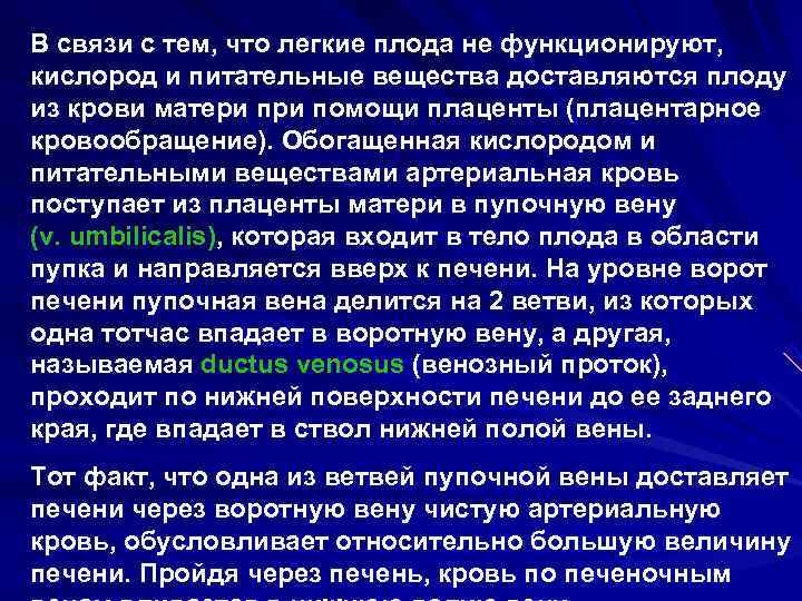 В связи с тем, что легкие плода не функционируют, кислород и питательные вещества доставляются