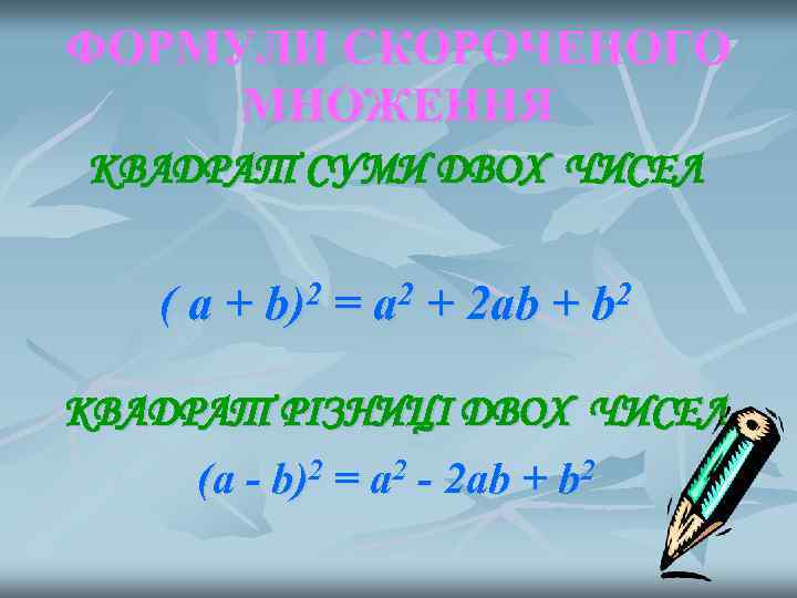 ФОРМУЛИ СКОРОЧЕНОГО МНОЖЕННЯ КВАДРАТ СУМИ ДВОХ ЧИСЕЛ  (а+  b) 2  =
