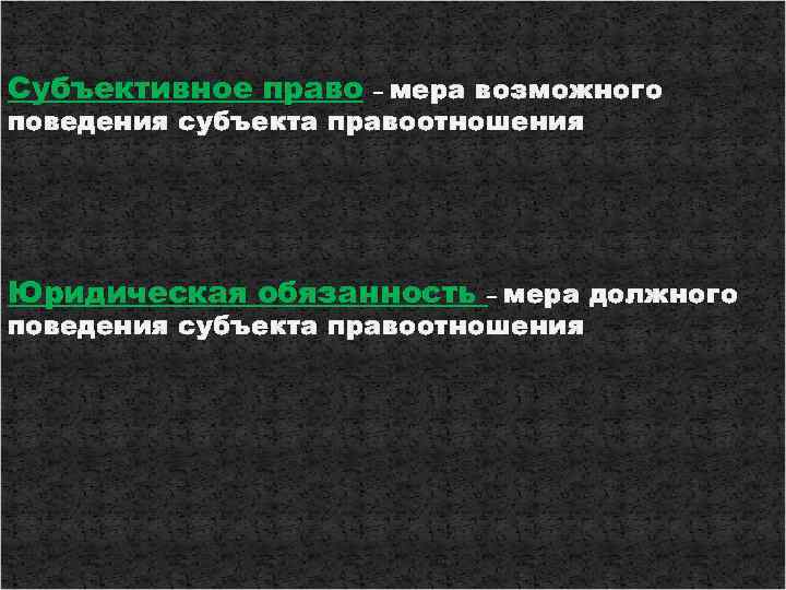 Субъективное право – мера возможного поведения субъекта правоотношения Юридическая обязанность – мера должного поведения