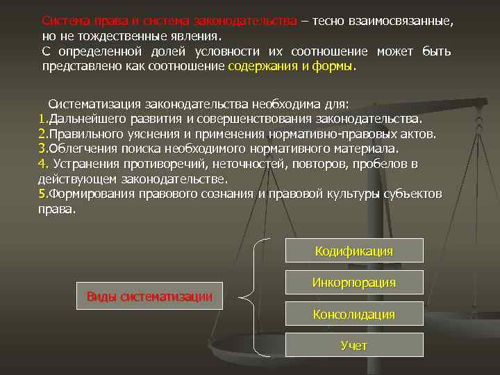 Система права и система законодательства – тесно взаимосвязанные, но не тождественные явления. С определенной