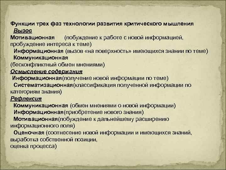 Функции трех фаз технологии развития критического мышления  Вызов Мотивационная (побуждение к работе с
