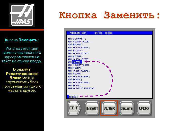      Кнопка Заменить:     PROGRAM (EDIT) 