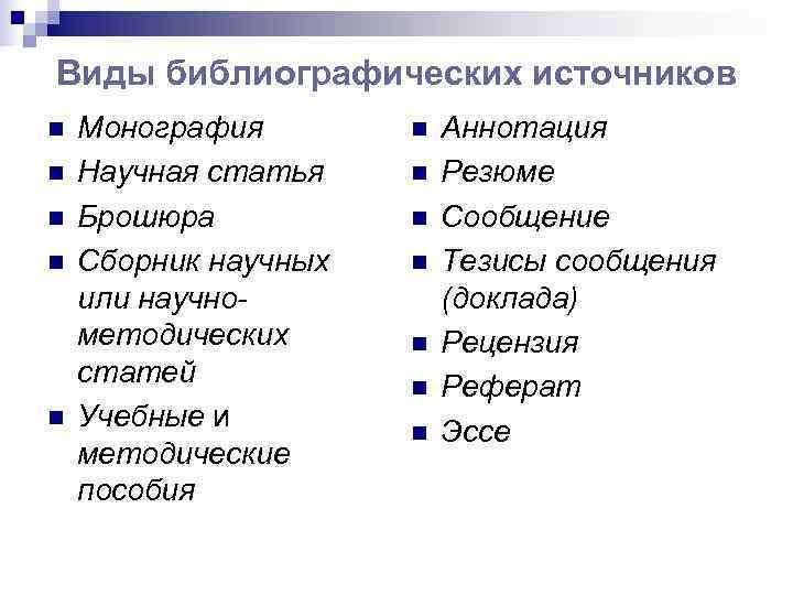 Виды библиографических источников n  Монография  n  Аннотация n  Научная статья