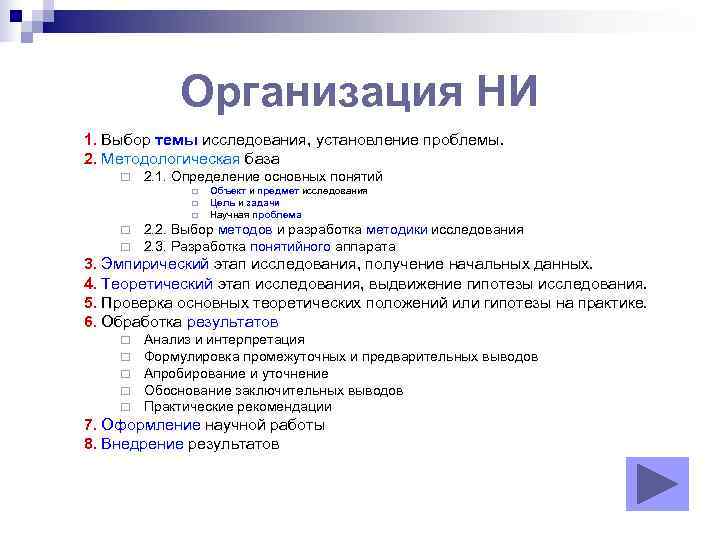    Организация НИ 1. Выбор темы исследования, установление проблемы. 2. Методологическая база