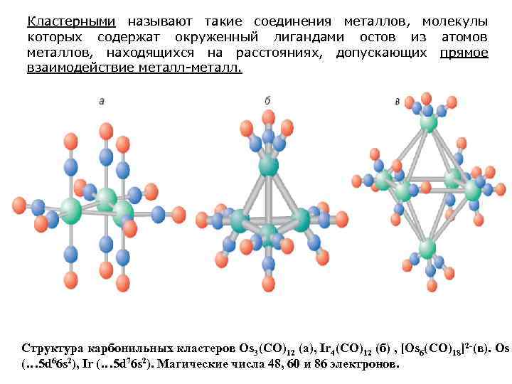  Кластерными называют такие соединения металлов,  молекулы  которых содержат окруженный лигандами остов