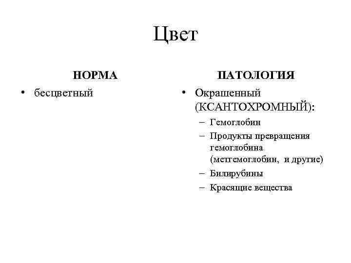     Цвет   НОРМА   ПАТОЛОГИЯ • бесцветный 