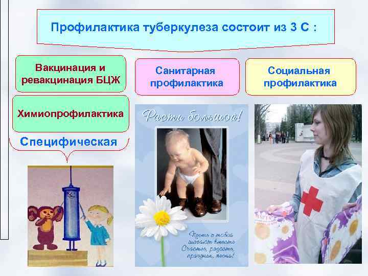  Профилактика туберкулеза состоит из 3 С : Вакцинация и  Санитарная  Социальная