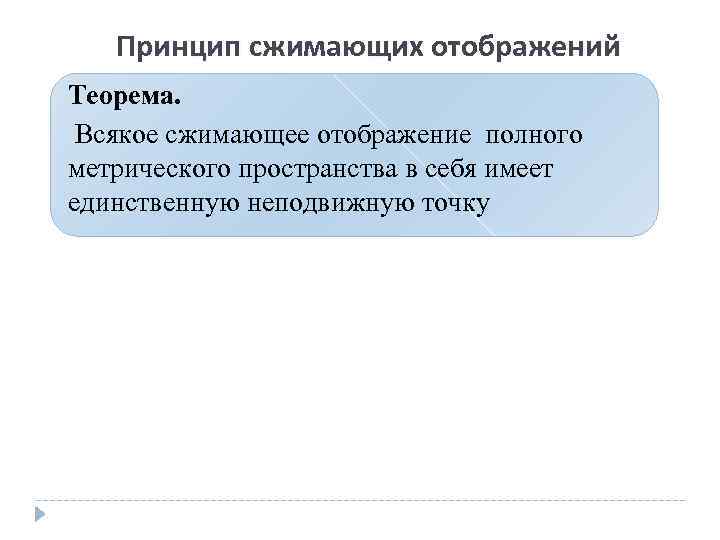   Принцип сжимающих отображений Теорема.  Всякое сжимающее отображение полного метрического пространства в