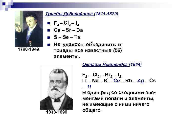 Триады Деберейнера (1811 -1829) n F 2 – Cl Триады Деберейнера (1811 -1829) n F 2 – Cl