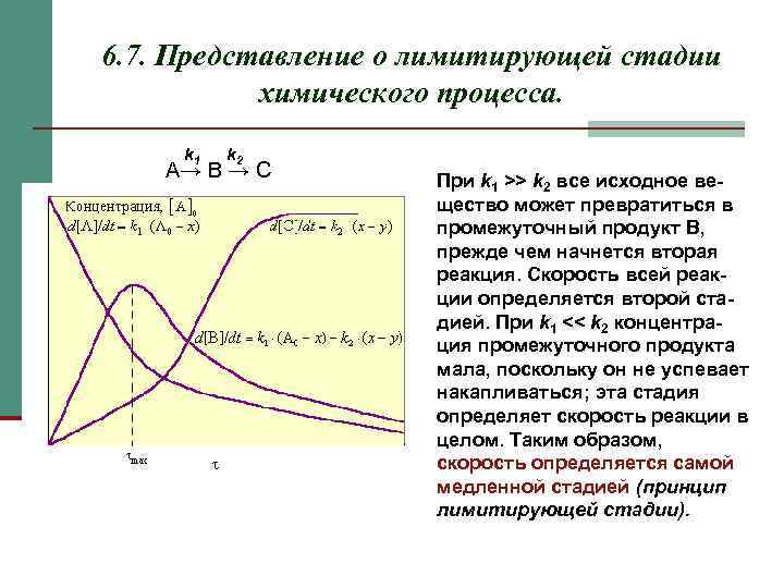 6. 7. Представление о лимитирующей стадии  химического процесса.  k 1  k