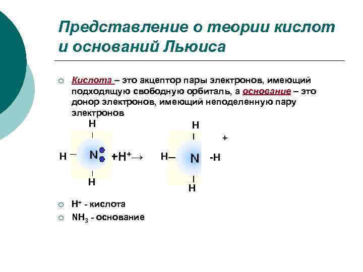 Представление о теории кислот и оснований Льюиса ¡  Кислота – это акцептор пары