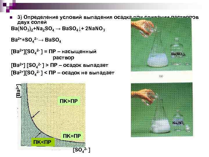 n 3) Определение условий выпадения осадка при сливании растворов  двух солей Ba(NO 3)2+Na