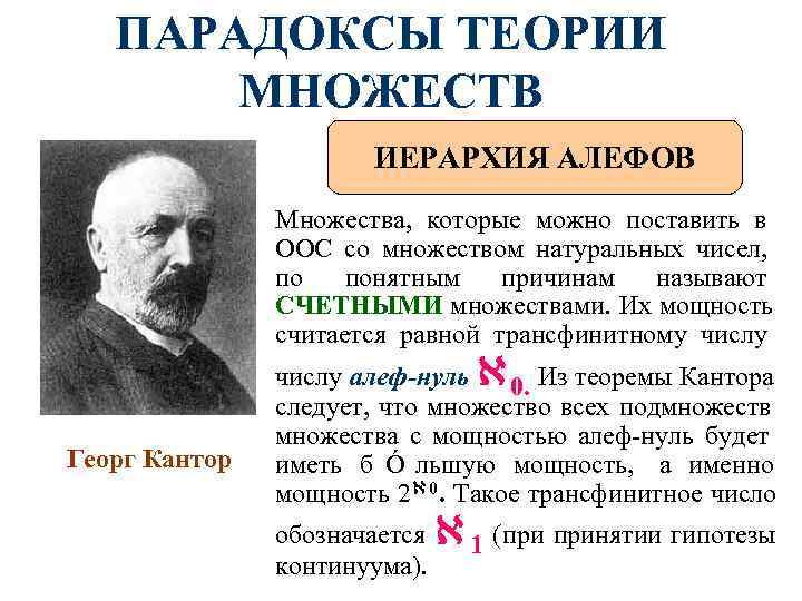 ПАРАДОКСЫ ТЕОРИИ МНОЖЕСТВ ИЕРАРХИЯ АЛЕФОВ ПАРАДОКСЫ ТЕОРИИ МНОЖЕСТВ ИЕРАРХИЯ АЛЕФОВ