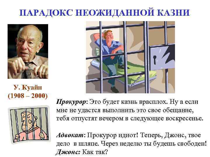 ПАРАДОКС НЕОЖИДАННОЙ КАЗНИ У. Куайн (1908 – 2000) Прокурор: ПАРАДОКС НЕОЖИДАННОЙ КАЗНИ У. Куайн (1908 – 2000) Прокурор: