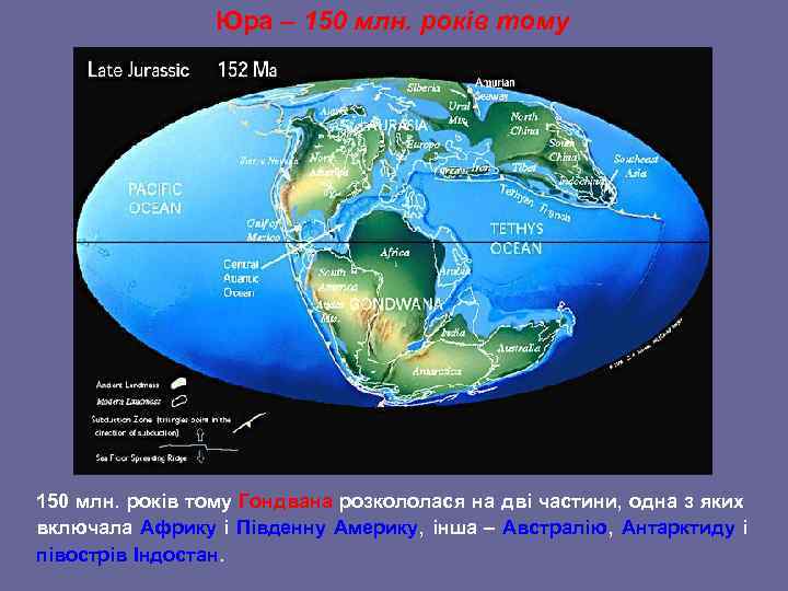    Юра – 150 млн. років тому Гондвана розкололася на дві частини,