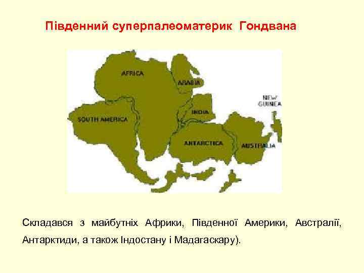   Південний суперпалеоматерик Гондвана Складався з майбутніх Африки,  Південної Америки,  Австралії,