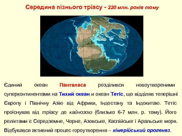    Середина пізнього тріасу - 220 млн. років тому Єдиний  океан