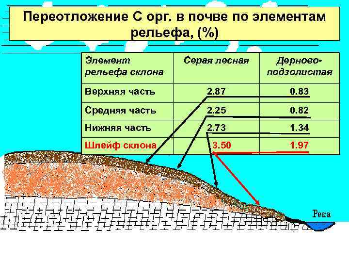 Переотложение С орг. в почве по элементам   рельефа, (%)   Элемент