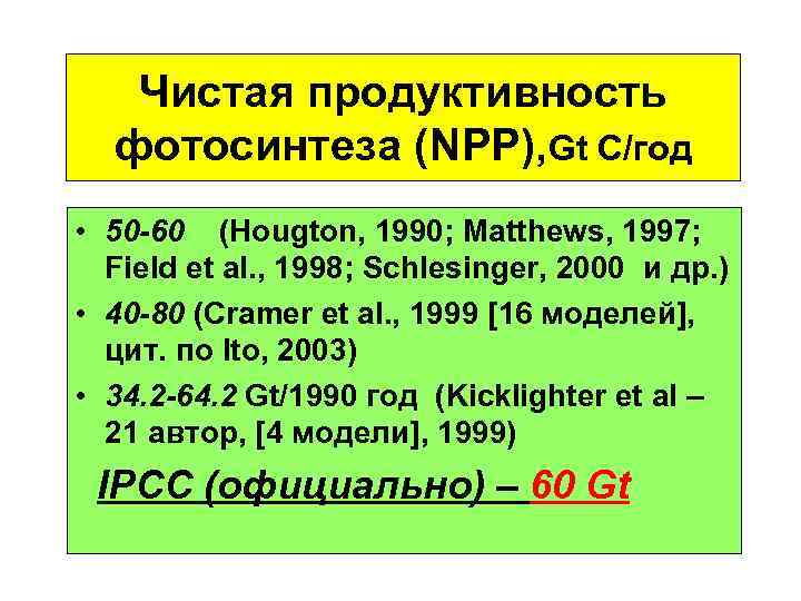   Чистая продуктивность  фотосинтеза (NPP), Gt С/год • 50 -60 (Hougton, 1990;