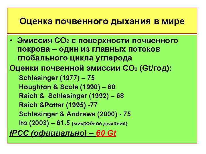  Оценка почвенного дыхания в мире  • Эмиссия СО 2 с поверхности почвенного
