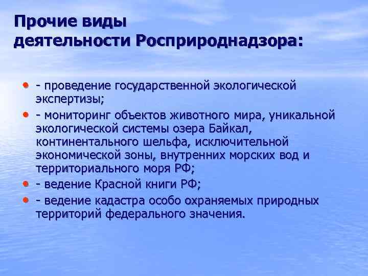 Прочие виды деятельности Росприроднадзора:  • - проведение государственной экологической экспертизы;  • 