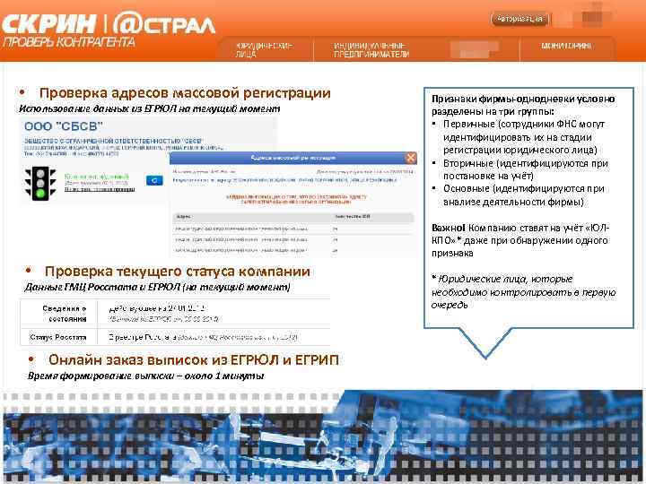 • Проверка адресов массовой регистрации  Признаки фирмы-однодневки условно Использование данных из ЕГРЮЛ