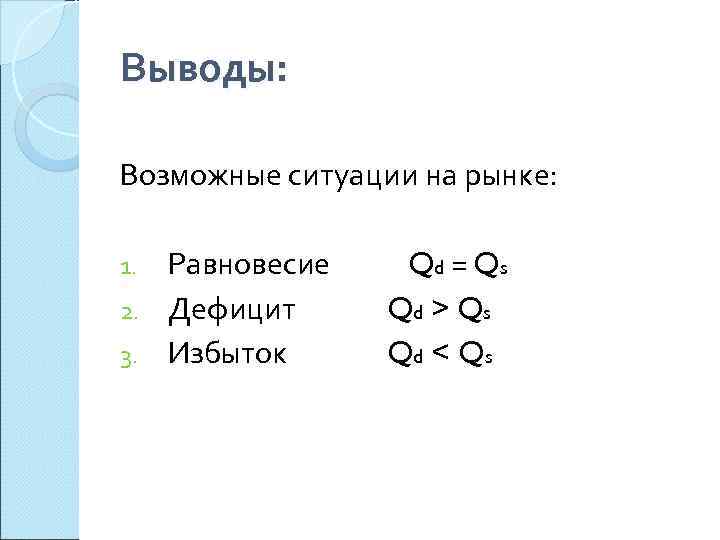 Выводы:  Возможные ситуации на рынке:  1. Равновесие Qd = Qs 2. Дефицит