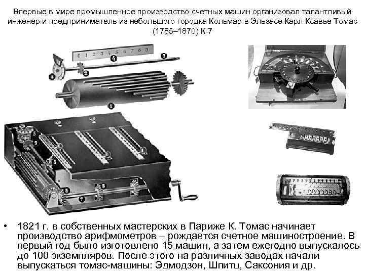  Впервые в мире промышленное производство счетных машин организовал талантливый инженер и предприниматель из