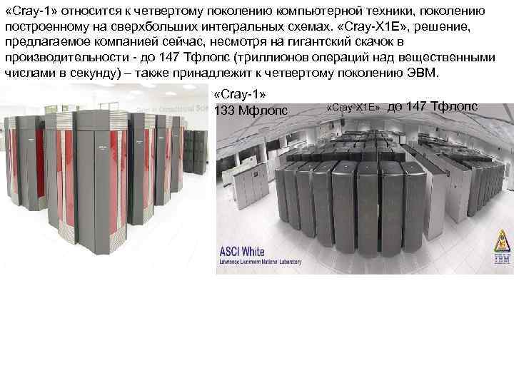  «Cray 1» относится к четвертому поколению компьютерной техники, поколению построенному на сверхбольших интегральных