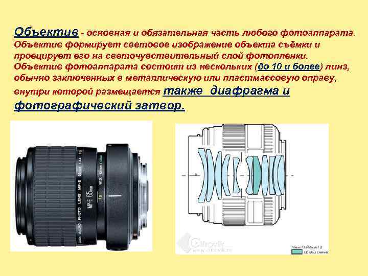 Объектив - основная и обязательная часть любого фотоаппарата.  Объектив формирует световое изображение объекта