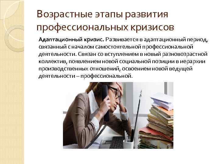 Возрастные этапы развития профессиональных кризисов Адаптационный кризис. Развивается в адаптационный период, связанный с началом Возрастные этапы развития профессиональных кризисов Адаптационный кризис. Развивается в адаптационный период, связанный с началом